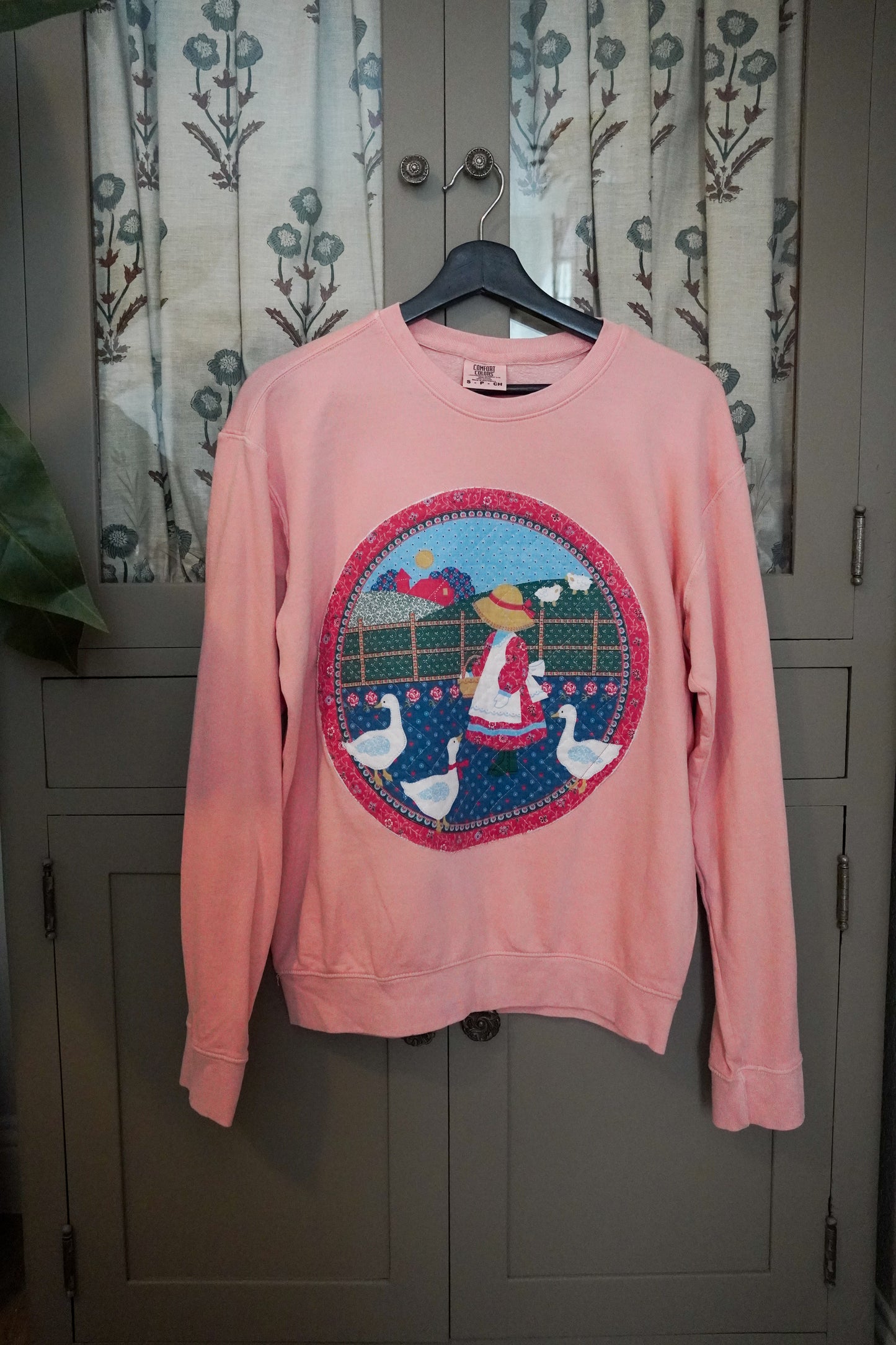 Vintage Farm Girl & Geese Quilted Sweater