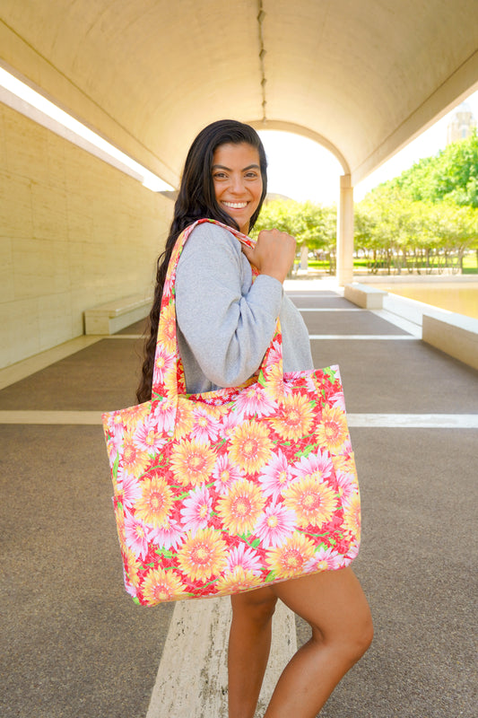 Quilted Pink Floral Reversible Extra Large Tote Bag