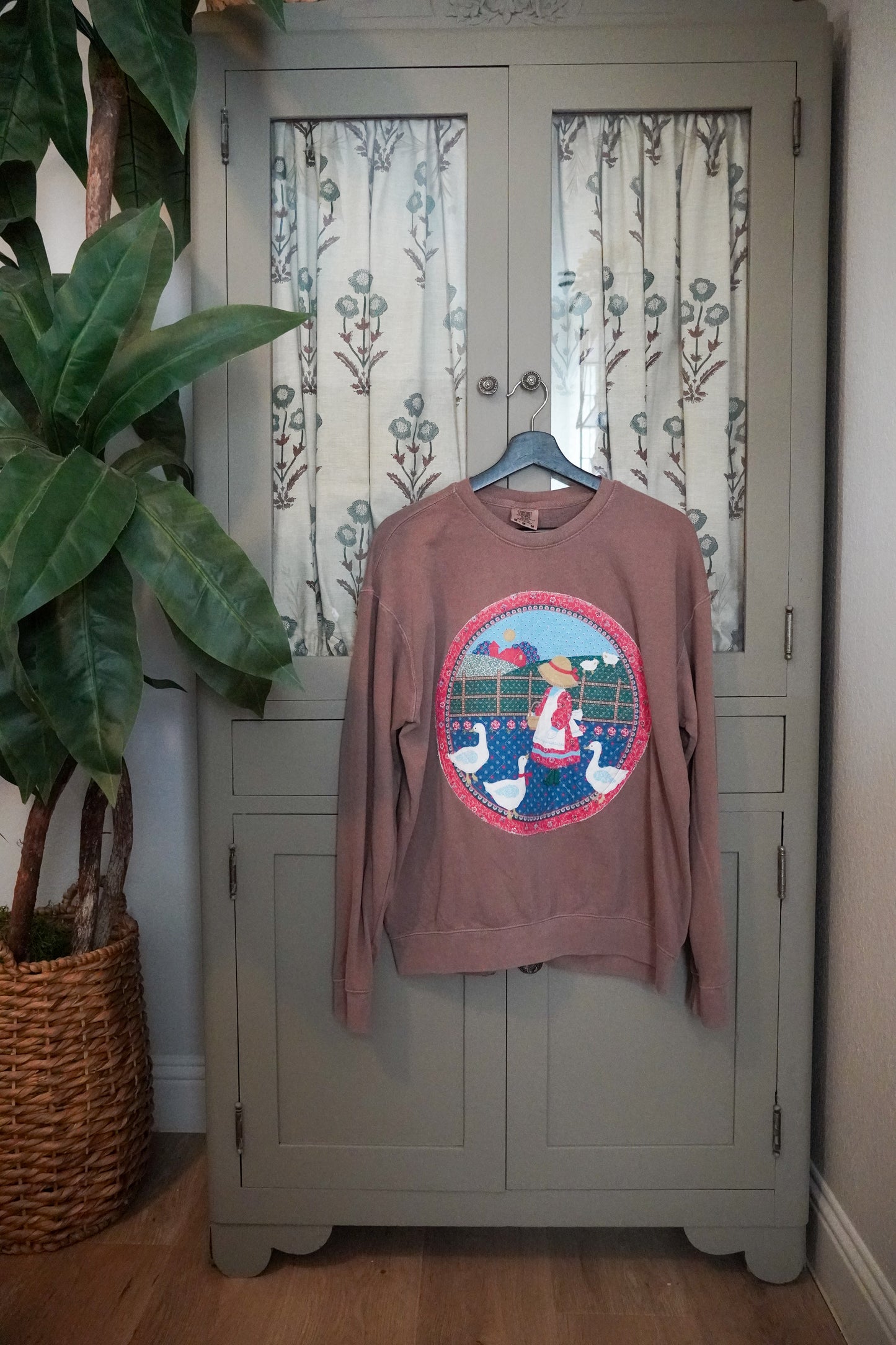 Vintage Farm Girl & Geese Quilted Sweater