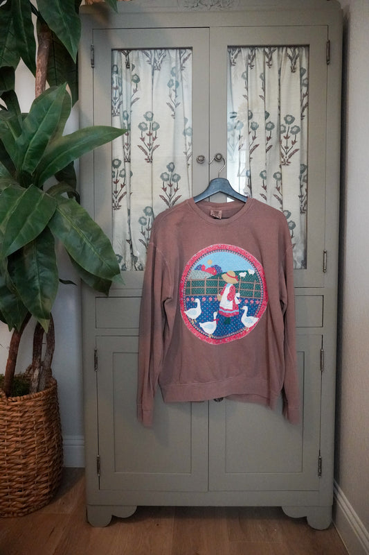Vintage Farm Girl & Geese Quilted Sweater