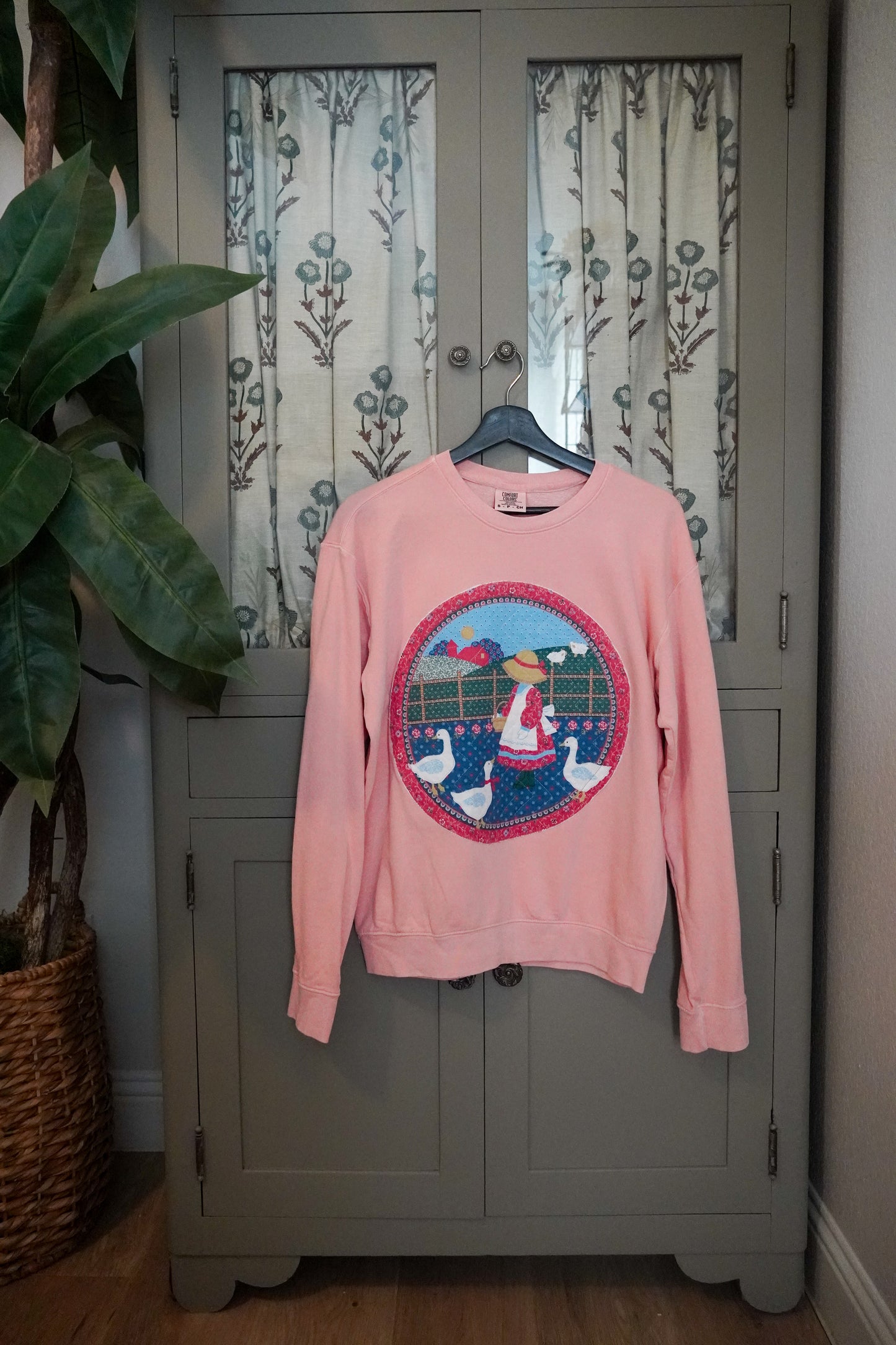 Vintage Farm Girl & Geese Quilted Sweater