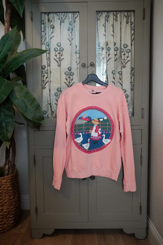 Vintage Farm Girl & Geese Quilted Sweater
