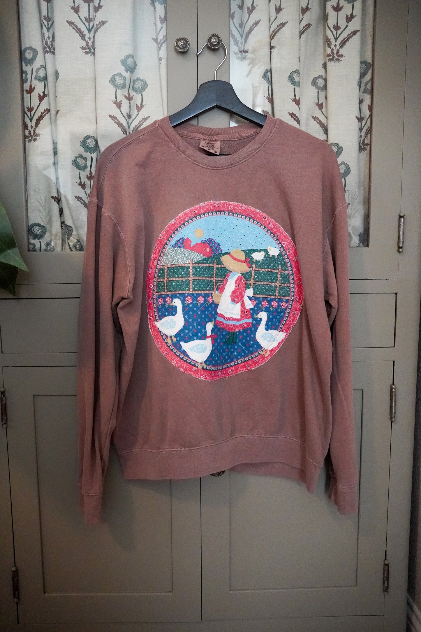 Vintage Farm Girl & Geese Quilted Sweater