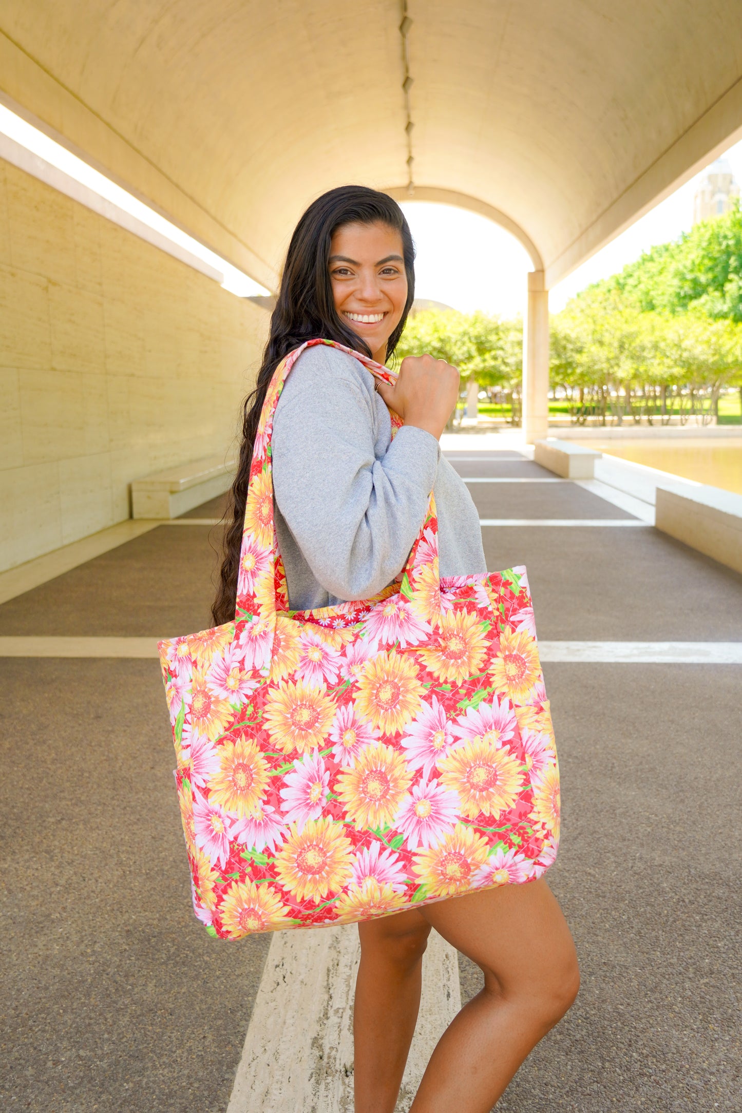 Quilted Pink Floral Reversible Extra Large Tote Bag